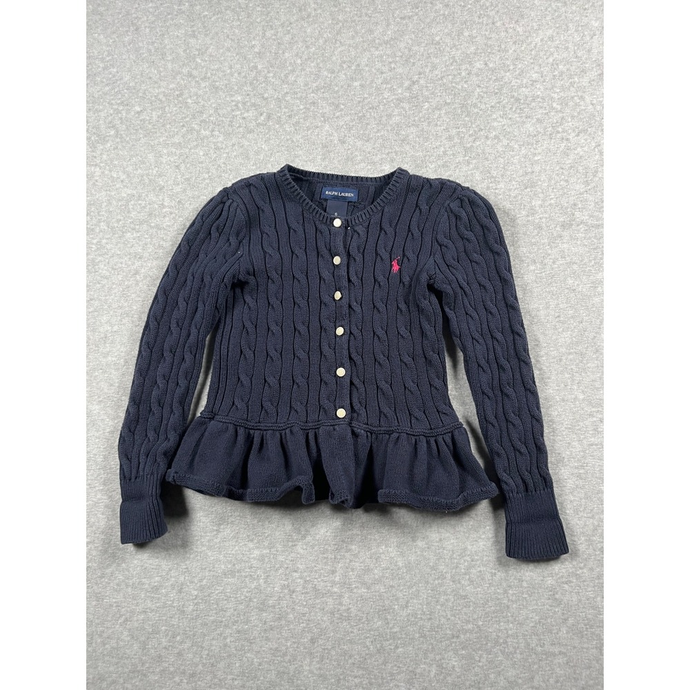 Ralph Lauren Cable Knit Cardigan Girls 6 Navy Peplum Preppy Parisian Old Money